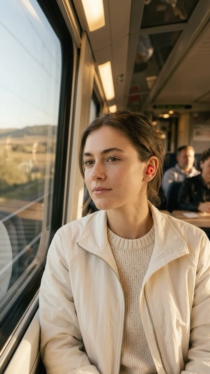Voyageuse dans le train avec des bouchons CalmiRing corail
